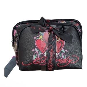 Ed Hardy Black Cosmetic Bag with Pink & Red Heart Design